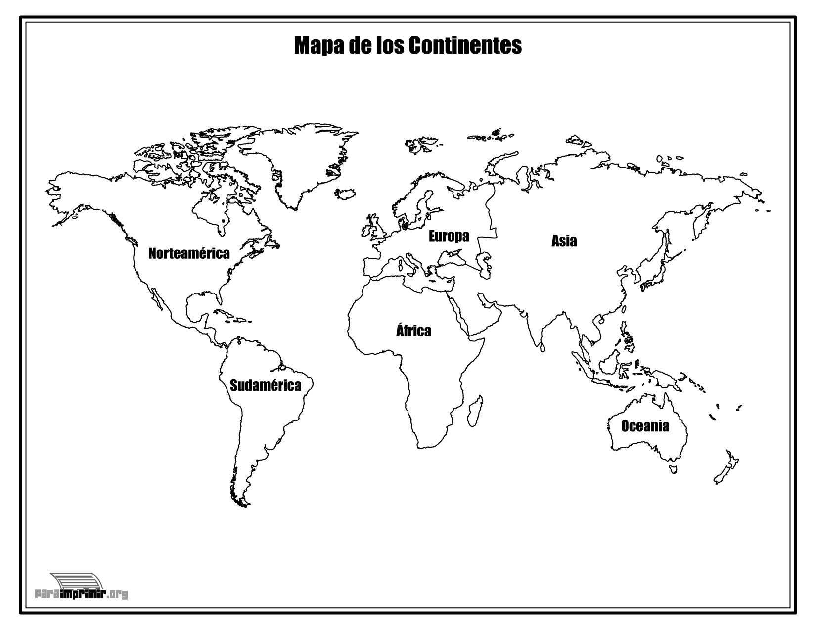 Mapa de los continentes con nombres para colorear y para imprimir en PDF  2023