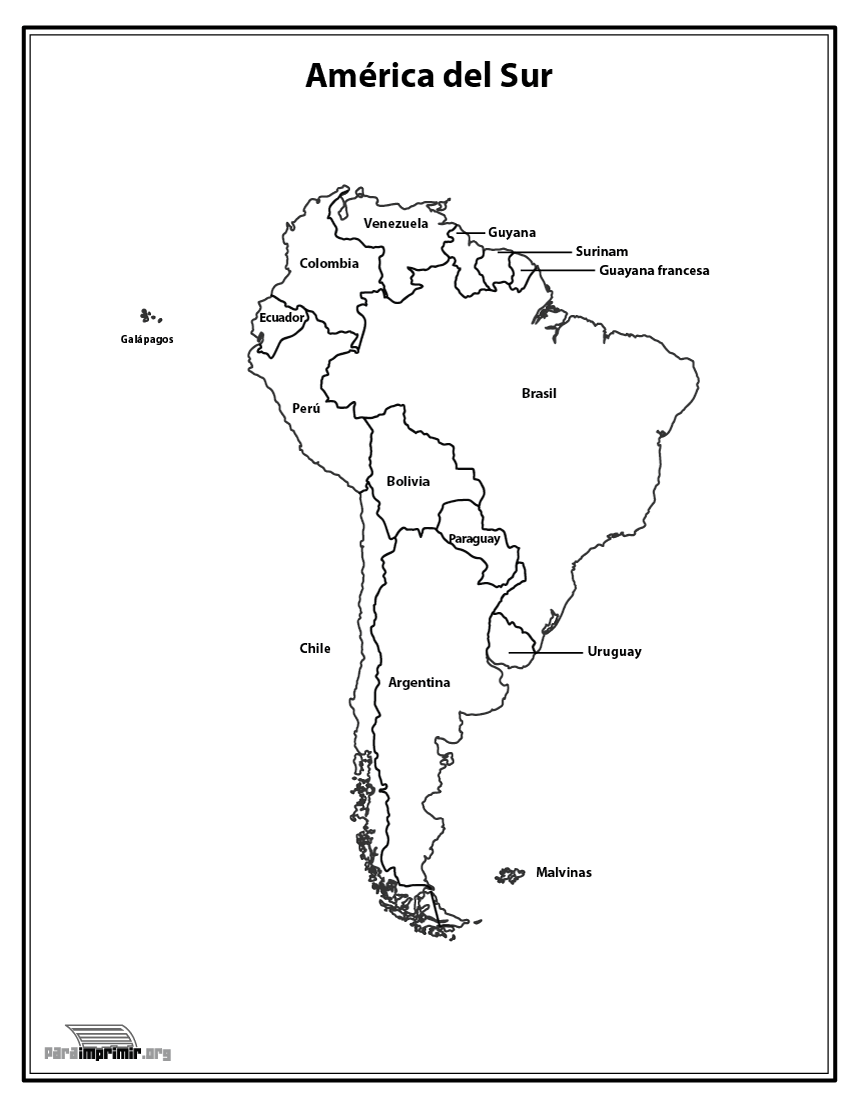 Mapa del continente Sur Americano con nombres para imprimir en PDF 2023